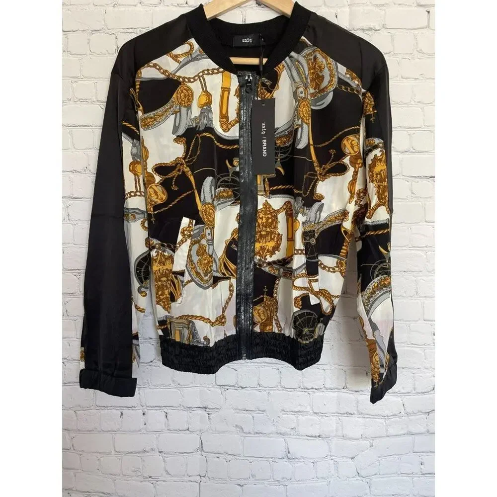 UNIQ Black, White & Gold Faux Silk Jacket Size Medium NWT - Picture 1 of 5
